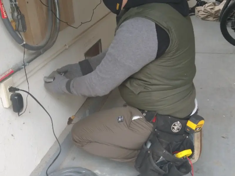 Electrician performing outlet wiring in a Washington garage
